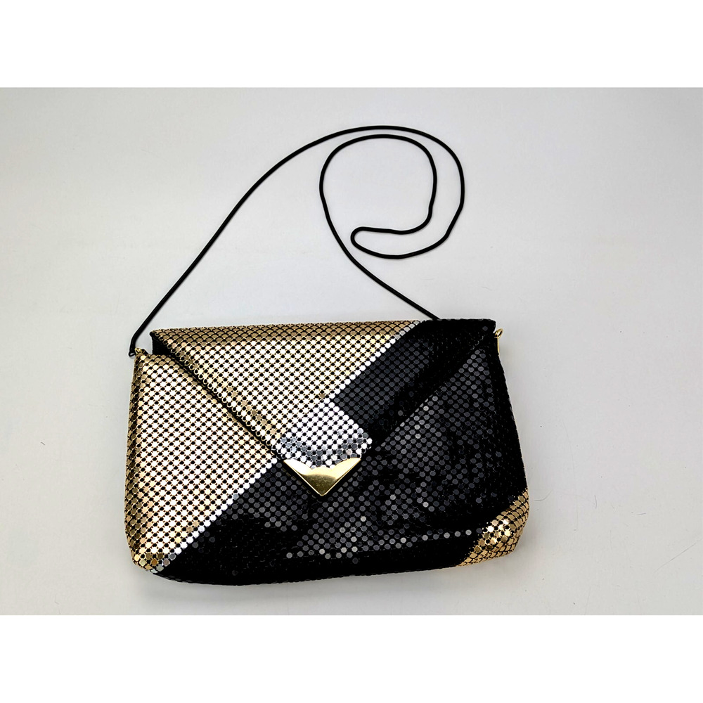 VTG Metallic Metal Mesh Black & Gold Crossbody Bag Purse Mid Century Evening